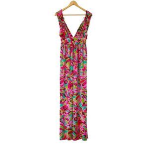 Milly NY Pink Retro Pattern Sleeveless V-Neck Maxi Sun Dress